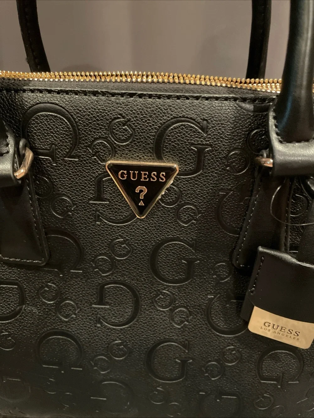 GUESS Black Embossed Logo Satchel with Gold Hardware